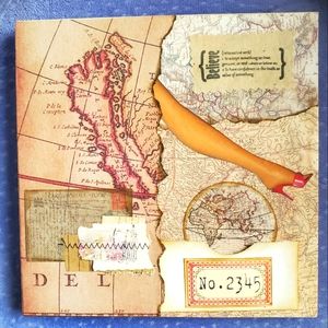 😀 HAND CRAFTED Collage wall art mixed media 7.95 inch square. Travel map